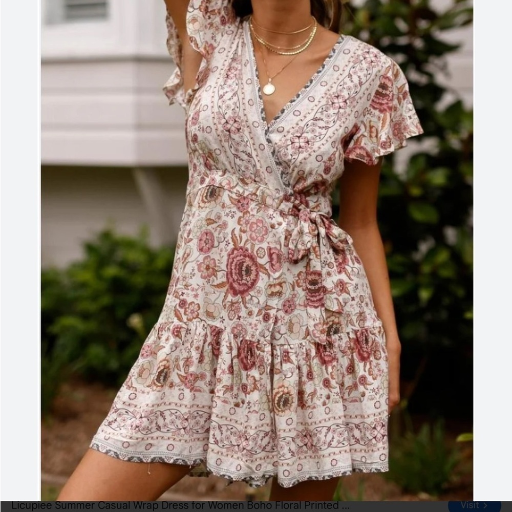 Zesica Women's Boho Floral V-Neck Mini Dress Size 2XL Rayon 100%